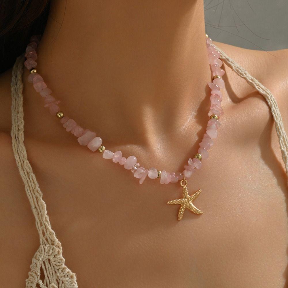 Sea Series Shell Starfish Necklace Natural Stone Beach Beaded Necklace Girls Couple Gift