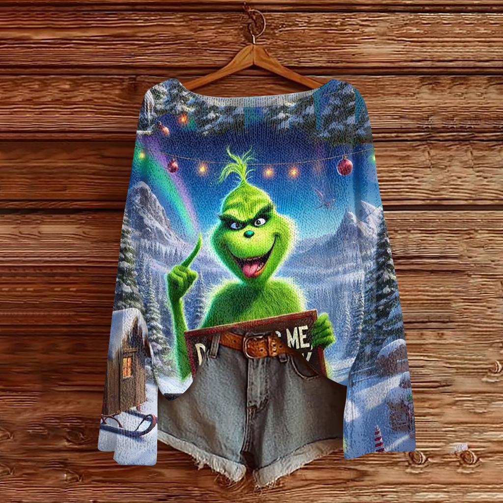 Women's Fashion Round Neck Long Sleeve Christmas Print Casual Knit Pullover Top