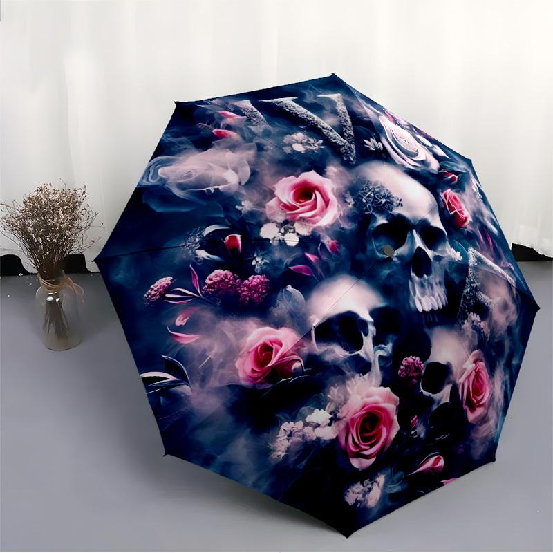 1pc Skull Floral Design Automatic Folding Umbrella, 8-Rib Iron Frame, Casual Outdoor Accessory for Birthday Festival Gifts yy251128184