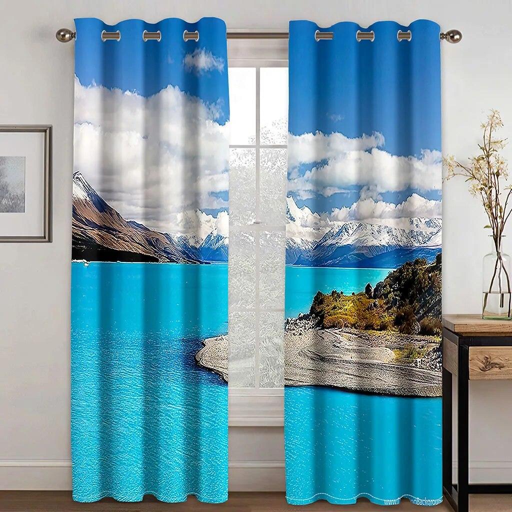 Cheap 3D Printing Sea Semi Sunshade Curtain Thin Polyester Beach Scenery For Bedroom Living Room Home Hook Decor