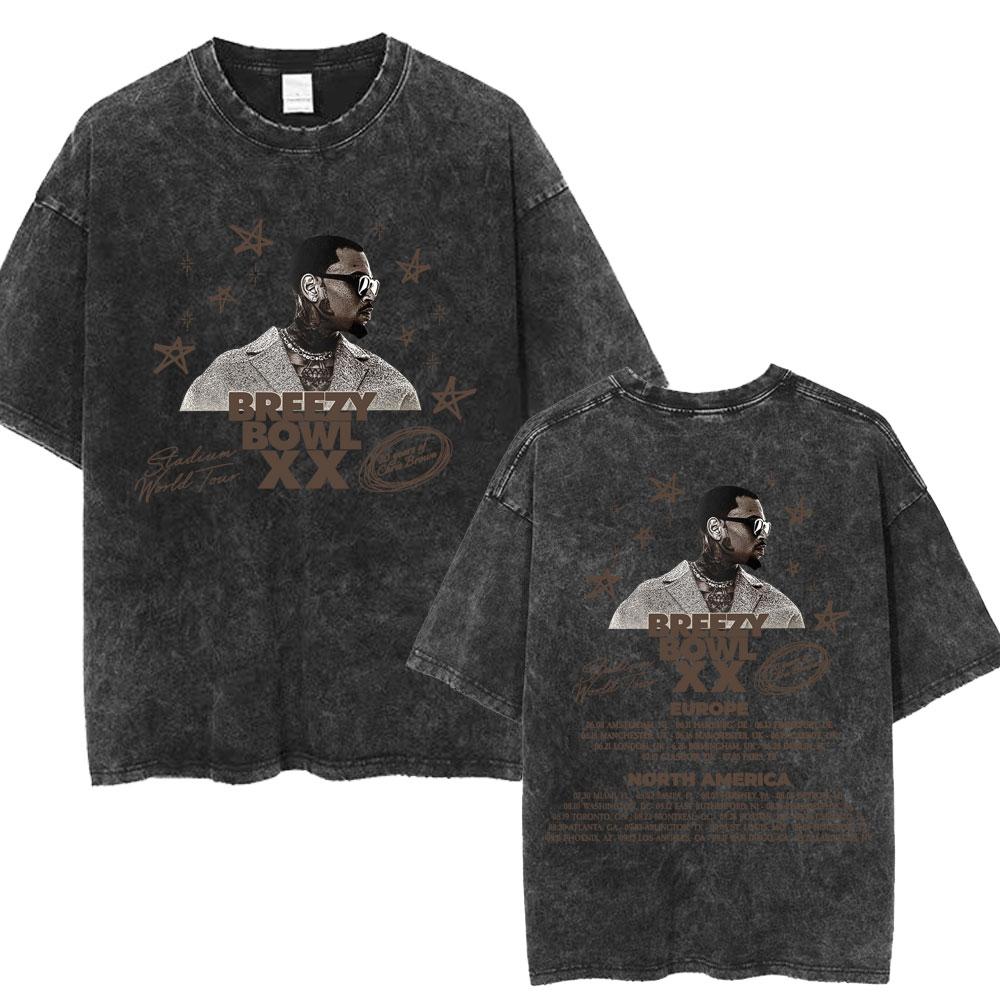 Chris Brown Breezy Bowl XX Concert Tour Washed T Shirts Vintage Hip Hop Gothic T Shirt Mens Oversized Cotton Tshirt Streetwear