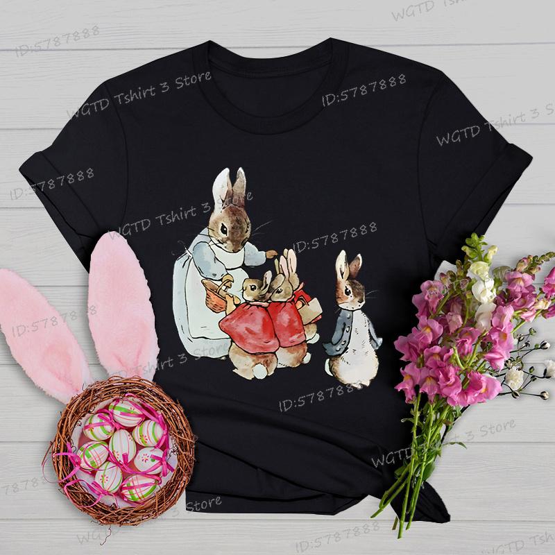 Retro Easter Bunny Tshirts Women Easter Bunny Shirt Gift for Women Vintage Easter Rabbit Tees Crew Neck Short Sleeve Tshirt