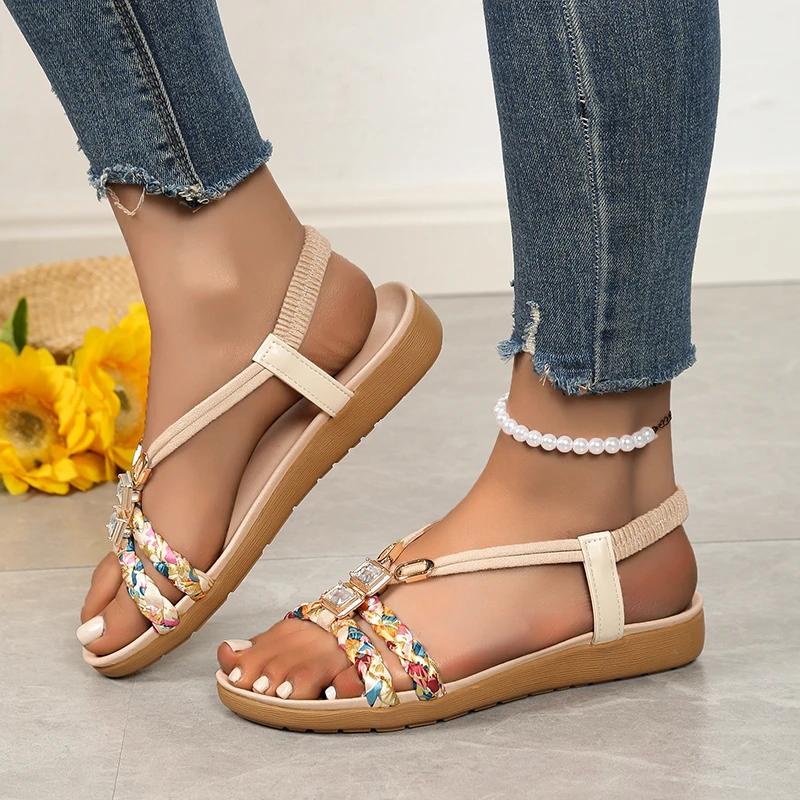 Fashion Women's Shoes 2025 Hot Sale Elastic Band Women's Sandals Fashion Printing Casual Sandal Swomen Summer Plus Size Flat Sandals
