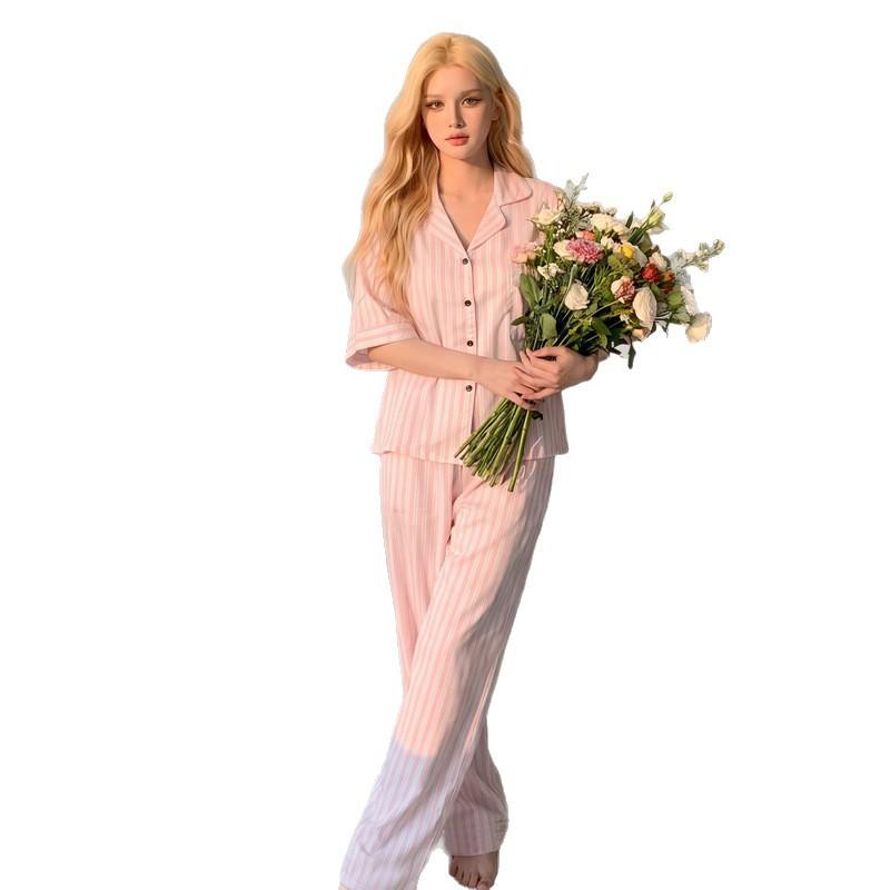 Premium pajamas women's summer new bat sleeves short sleeves trousers simple stripes thin loose loungewear set