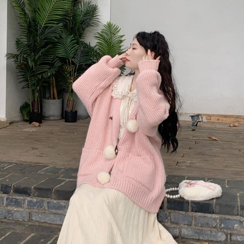 Кавайный свитер, кардиган, женский японский модный свитер с v-образным вырезом и плюшевыми пуговицами, милый свободный вязаный свитер с длинными рукавами, зимний розовый топ