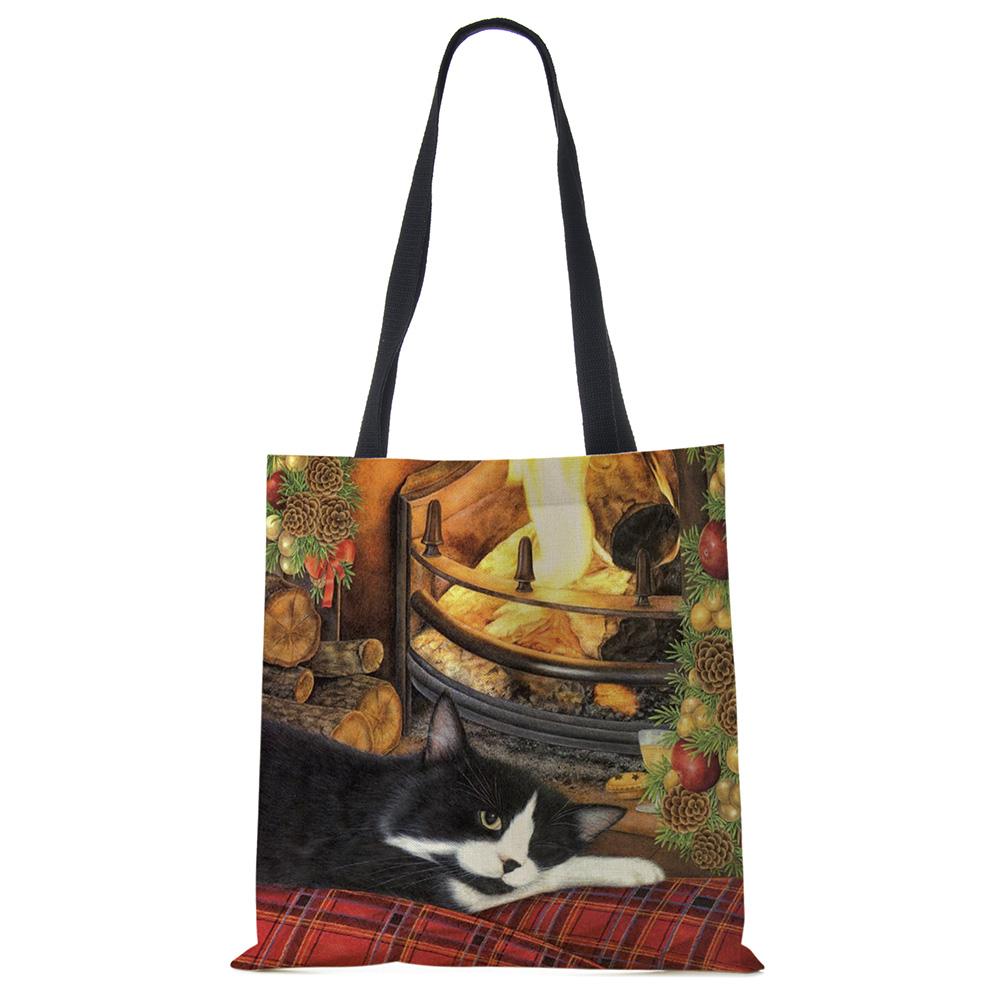 Cute Cat Flower Painting Print Womens Designer Tote Bags Women Handbag Large Shopping Bag Foldable For Groceries CLE