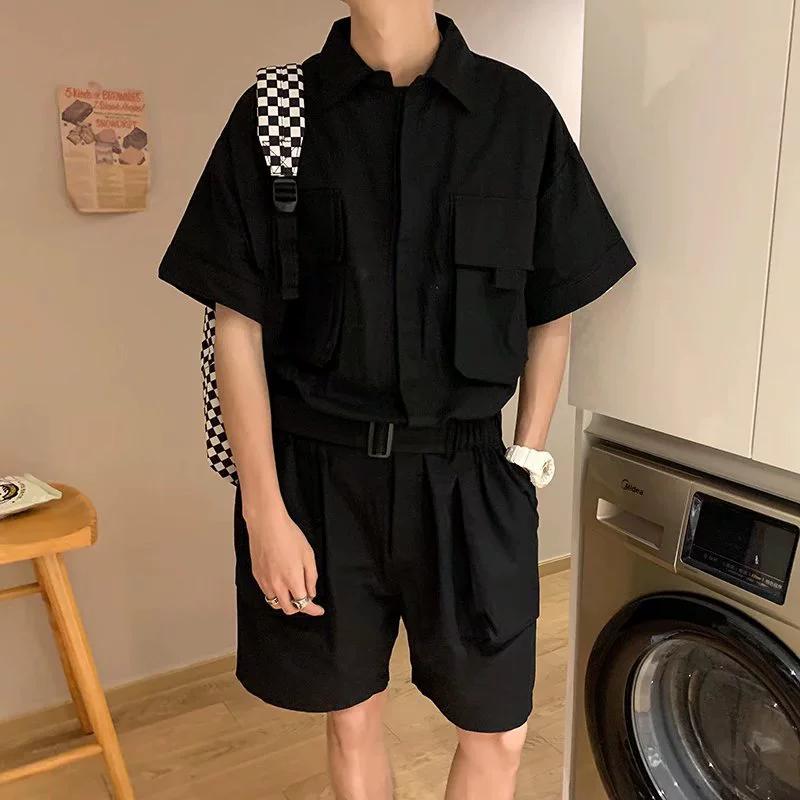 Летний мужской комбинезон с короткими рукавами и шортами, модный ретро-комбинезон в рабочем стиле, свободный комплект, ультратонкий