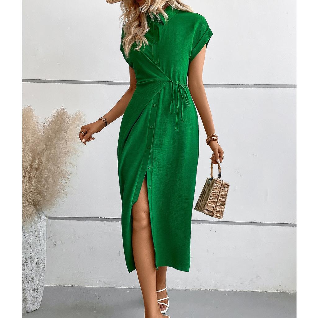 Женское свободное однотонное платье с высокой талией и короткими рукавами на пуговицах