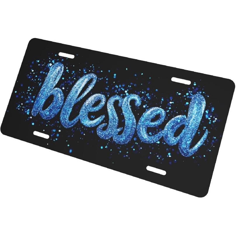 Blessed Blue Glitter Black Background License Plate Decorative Car Front,Metal Car Plate,Vanity Tag,Aluminum Noverlty License Plate Waterproof
