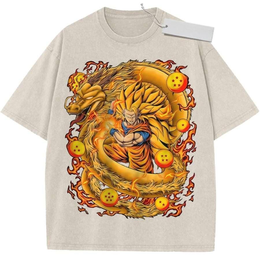 Summer Mens Black Washed T shirt Dragon Ball Z Super Saiyan Goku Golden Dragon Dragon Balls Flames High quality