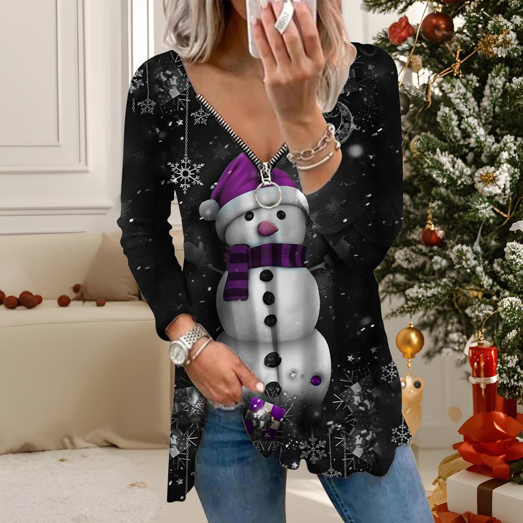 Women Autumn Christmas Printed Long Sleeve T-Shirts Loose V-Neck Plus Size Tee Shirt Tops Comfy Blouse