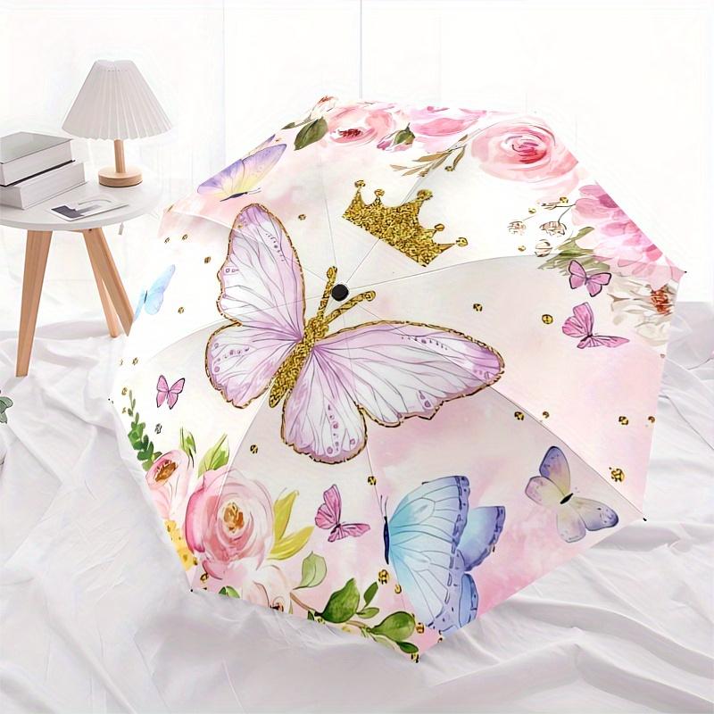 Butterfly Princess Automatic Folding Umbrella Simple 8 Rib Design, Bright Cartoon Pattern, Durable Iron Frame, Suitable For Travel, Outdoor