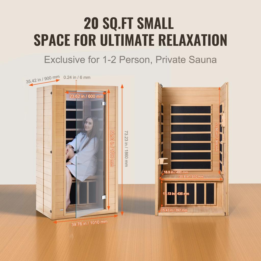 VEVOR Far Infrared Wooden Sauna, Room Home Sauna Spa for 1 to 2 Person