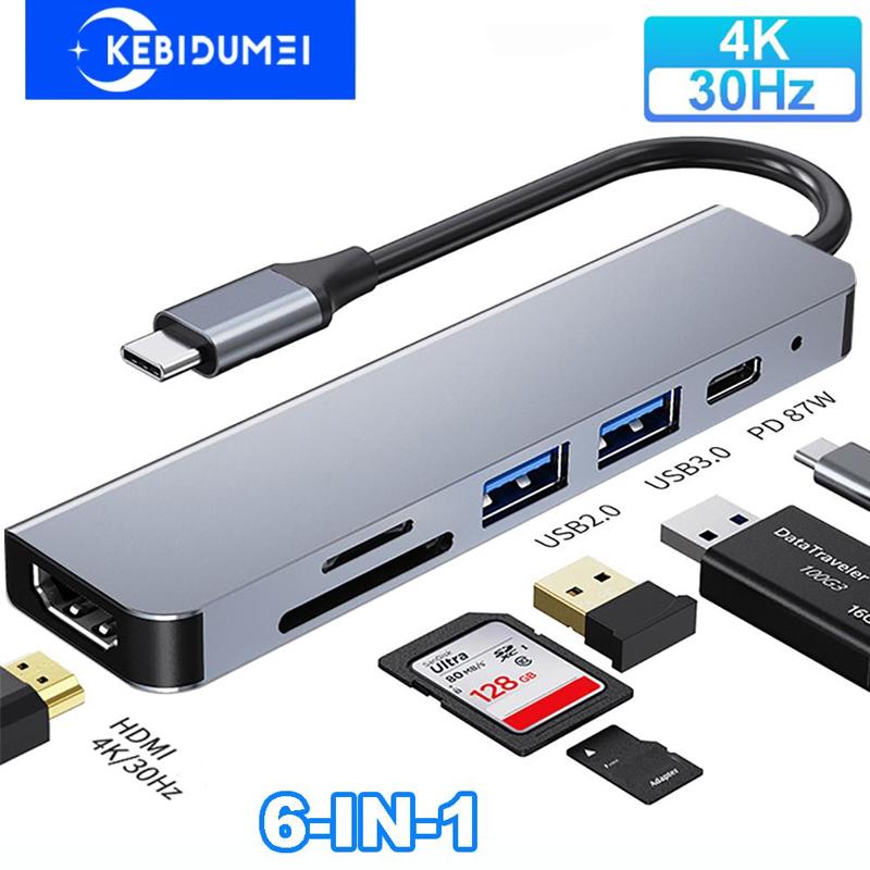 6 в 1 USB-концентратор типа C адаптер к 4K HDMI SD TF-карте PD разветвитель быстрой зарядки типа C док-станция для ПК ноутбука