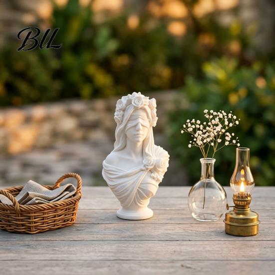 Unique Study Room Table Ornaments 3D Printed Blindfolded Lady Bust Sculpture, White Flower Veil Small Shelf Accents for Home Female Statue,