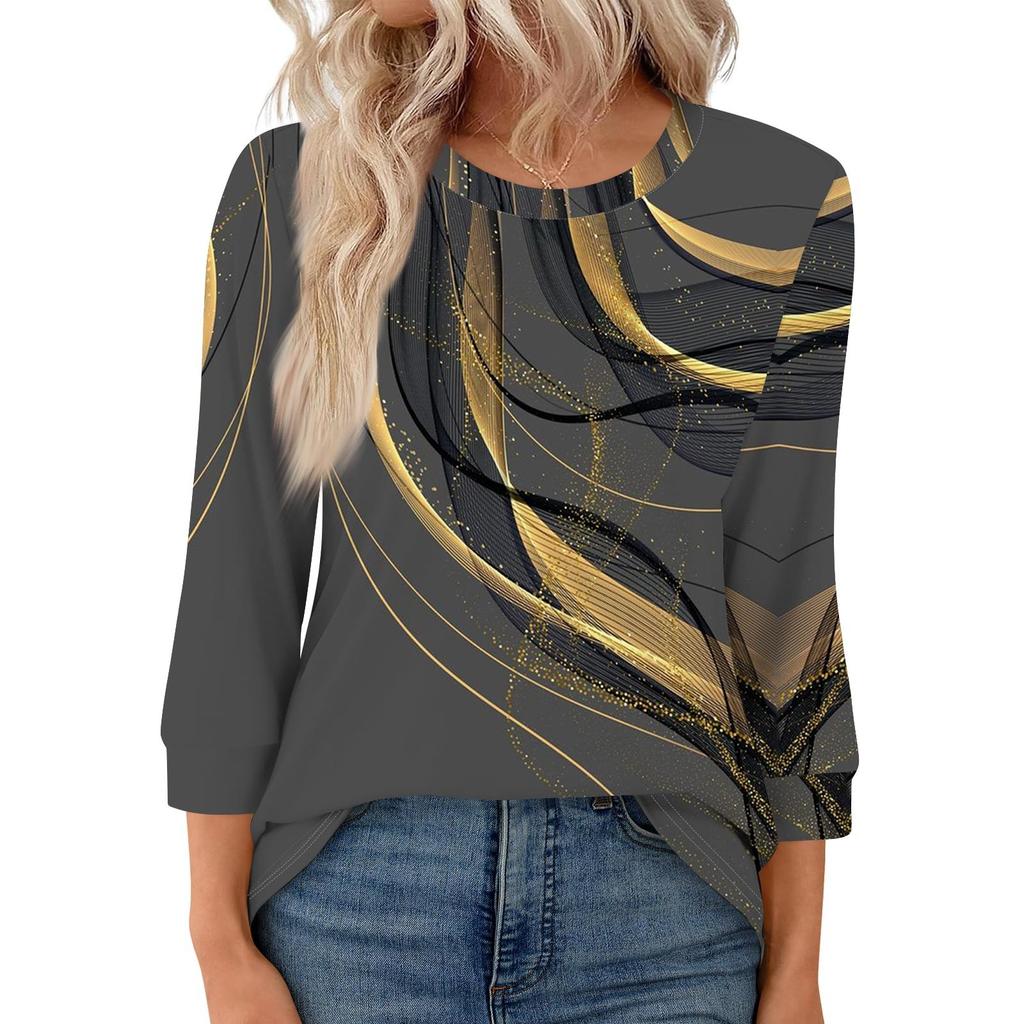 Женская модная повседневная свободная футболка с круглым вырезом и рукавами 3/4 с принтом, женский топ