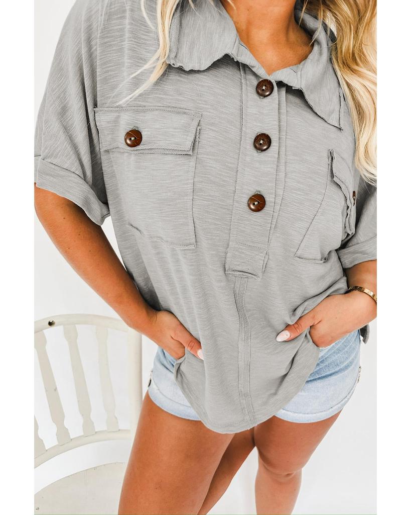 Azura Exchange Light Grey Chest Pockets Half Buttoned Collared Blouse