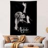 A grayscale illustration of a singer holding a microphone on a black background. Patterned tapestry for bedroom and living room home decor