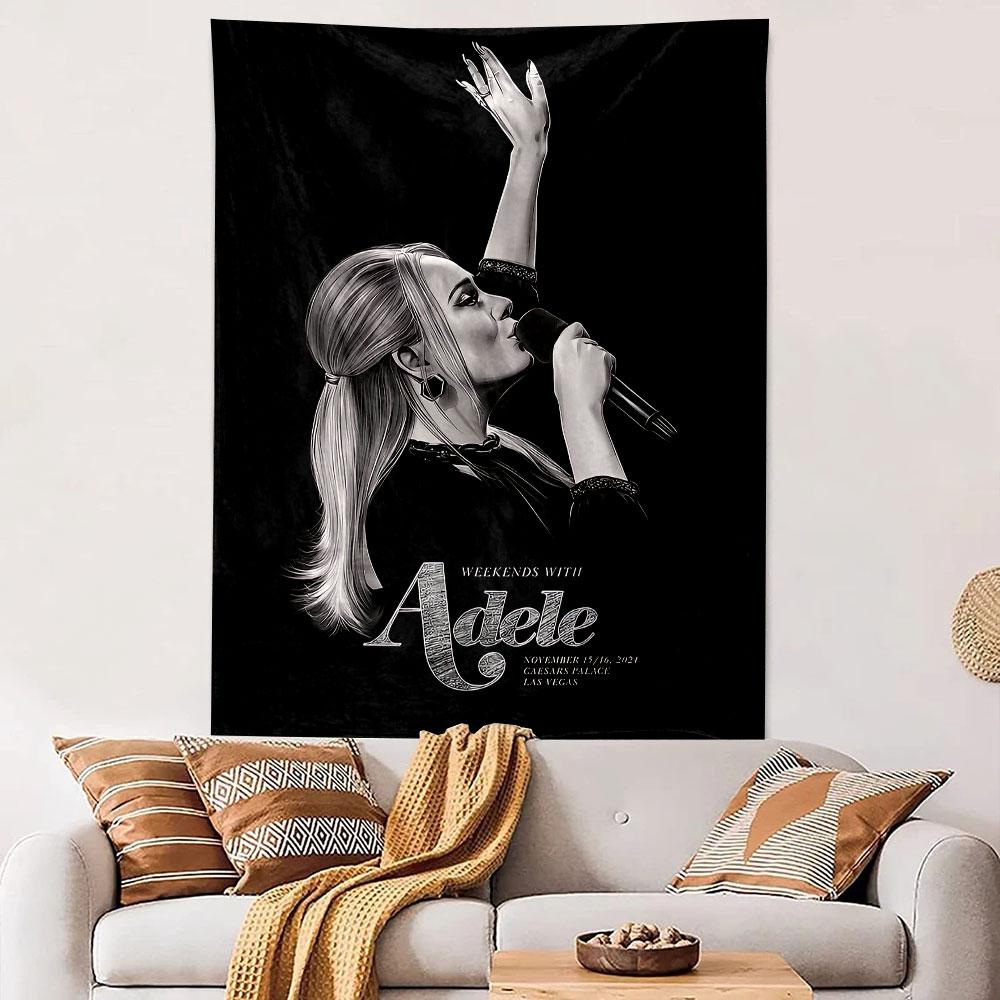 A grayscale illustration of a singer holding a microphone on a black background. Patterned tapestry for bedroom and living room home decor