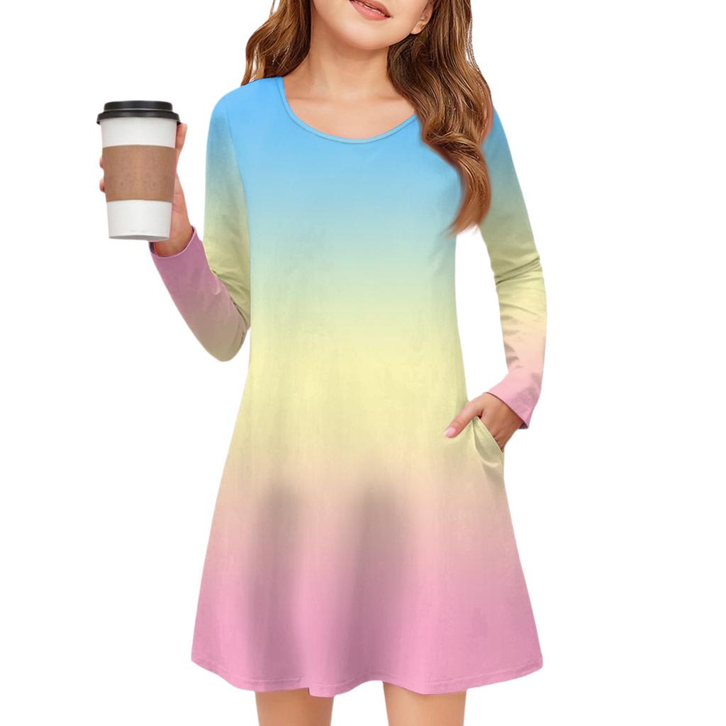 Girls' Long Sleeve Dress - Color Pocket Dress