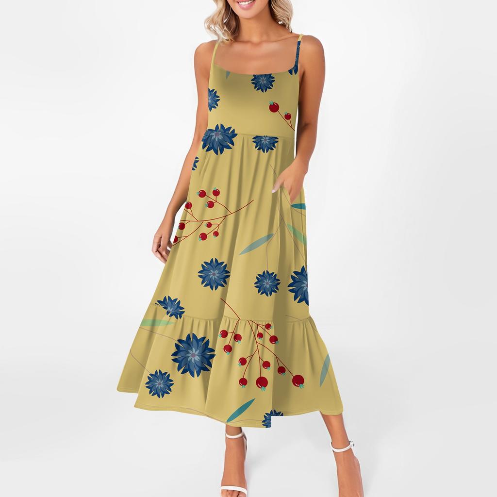 Women's Long Beach Casual Elegant Spaghetti Strap Maxi Dress Floral Low-key Flowing Bohemian Dress