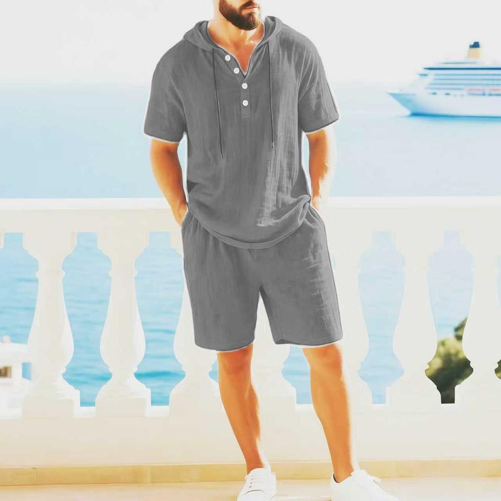 Men Solid Color Loose Hooded Short Sleeve Shorts Casual Two Piece Set