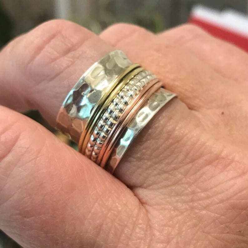 Spinner Band Handmade Designer Ring, Three Tone Ring, Statement Jewelry, Boho Ring, 925 Sterling Silver, Charm Jewelry
