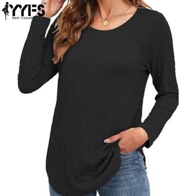 Женские модные повседневные весенне-осенние однотонные блузки и рубашки с круглым вырезом с длинными рукавами и принтом