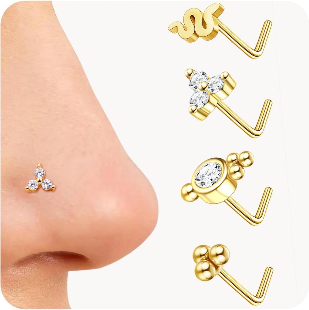 Bobisty Nose Rings Studs for Women Stainless Steel L Shaped Nose Studs Tiny Opal CZ Sunflower Bee Planet Nose Piercing Jewelry