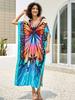 Boho Butterfly Print V-neck Plus Size Kaftan Women Vacation Beach Dress 2025 Summer Swimwear Cover Up Loose Cozy Homewear Q1674