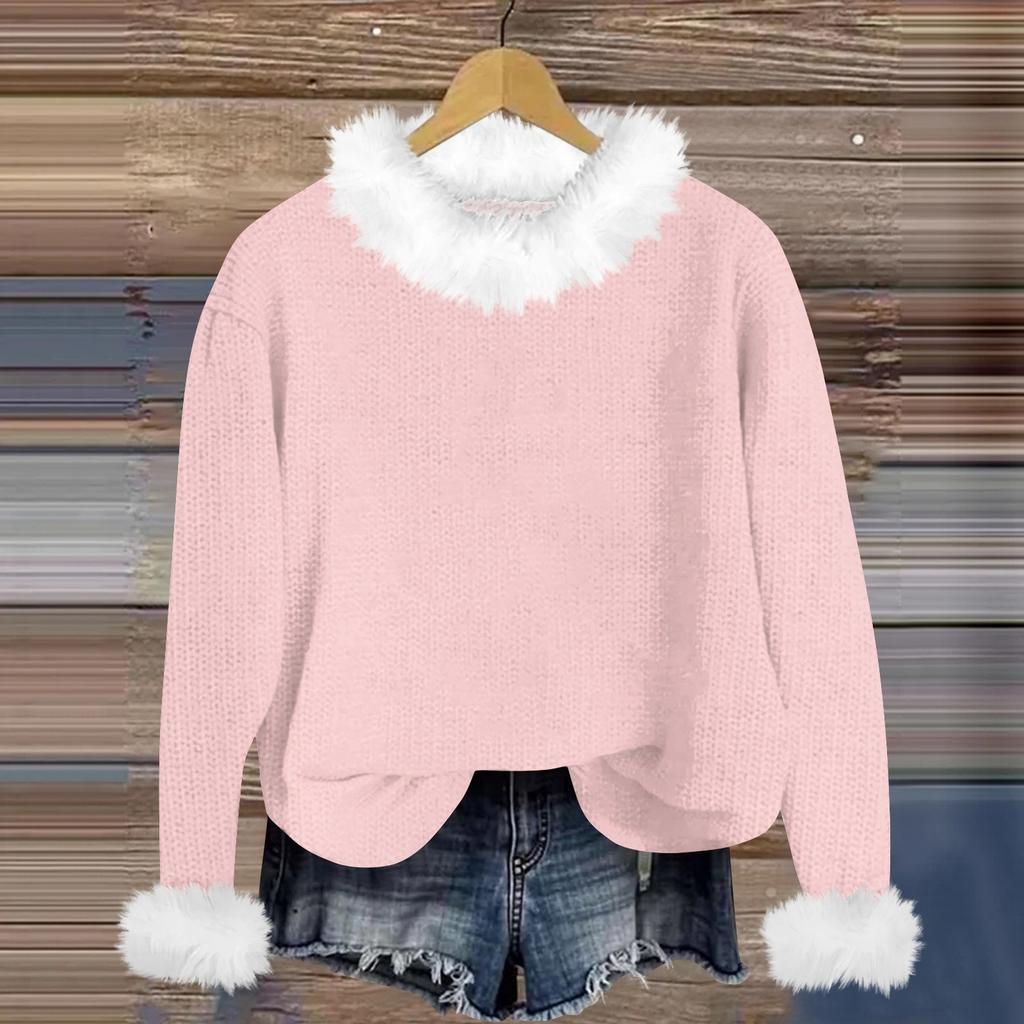 Свитшоты для женщин Вязаный свитер Милая рубашка Осенний круглый вырез Пуловер с меховым воротником Топы