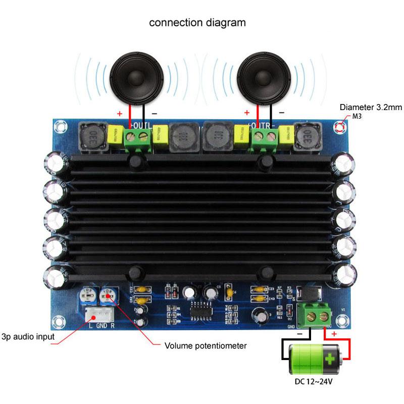 XH-M546 TPA3116D2 Digital Amplifier Board 150W×2 Dual Channel Built-in Pre-amplifier DC 12-24V Class D Super High Power Audio Module