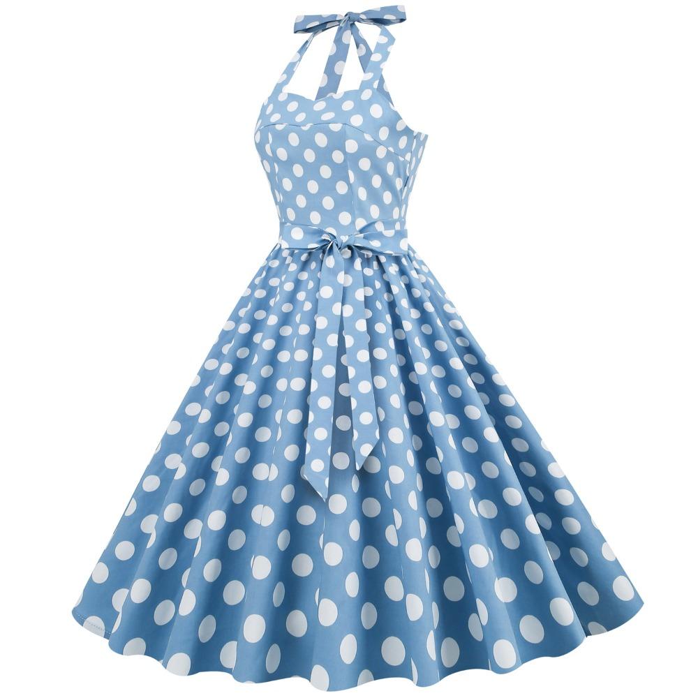 Retro polka-dot lace-up halter-neck flared ball gown performance dress, bohemian style