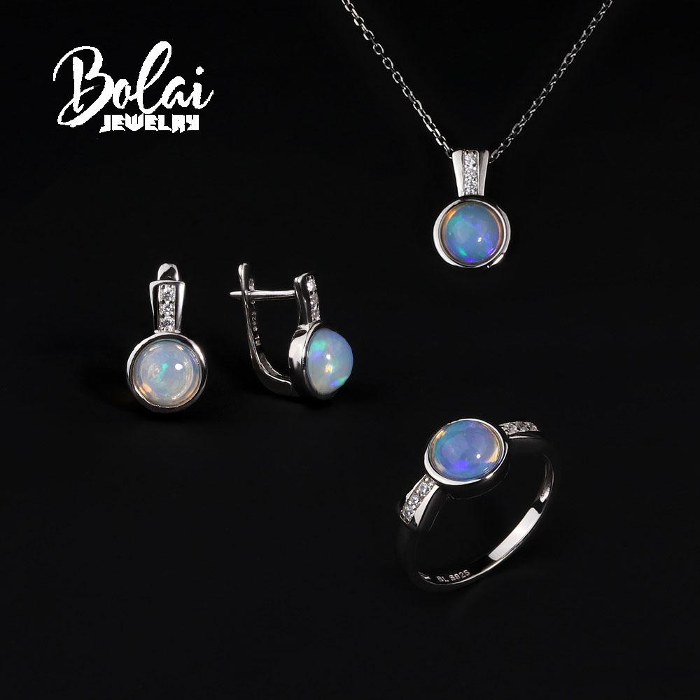 2023 New 925 Sterling Silver Jewelry Set Natural Ethiopia Opal Round 7mm Earrings Pendant Necklace Women Rings Simple Design