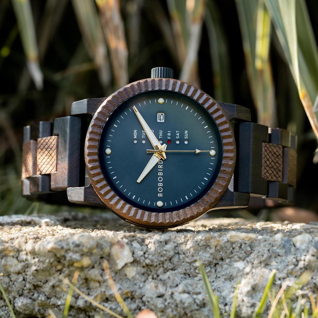BOBO BIRD Мужские деревянные часы с аналоговым кварцевым механизмом, индикацией дня недели и даты, легкие деревянные часы ручной работы (Темно-синий)