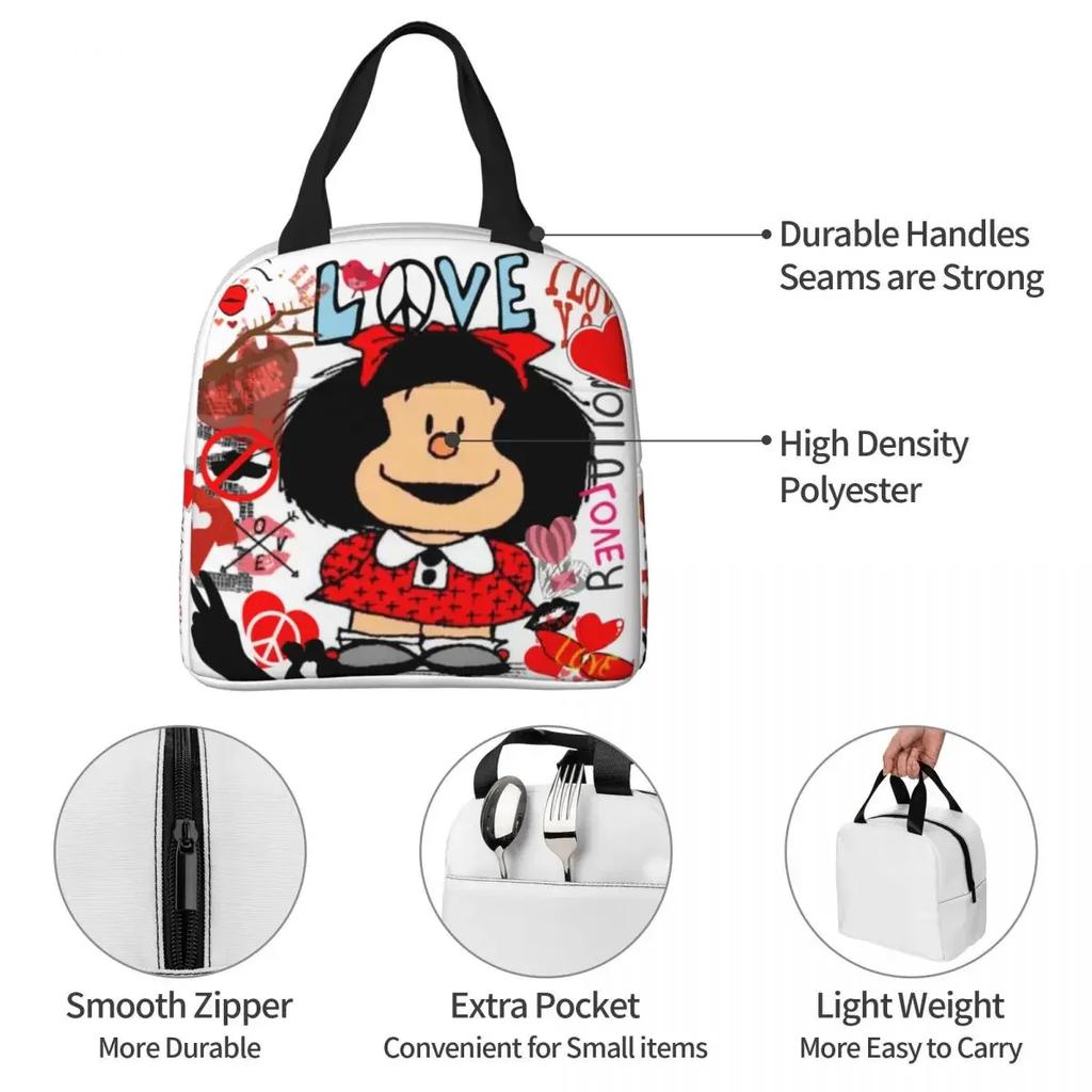 Love Peace And Mafalda Insulated Lunch Bags Thermal Bag Quino Argentina Cartoon Tote Lunch Box Food Storage Bags School Picnic