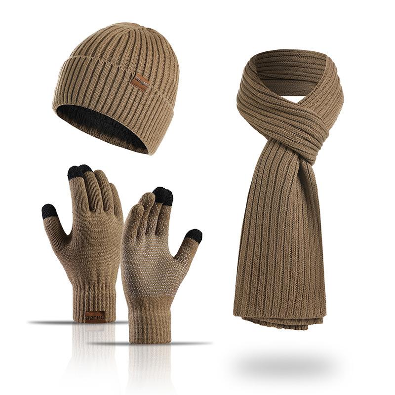 Men's and Women's Autumn and Winter European and American Knitted Hat Sets Solid Color Scarf Hat Three-piece Set