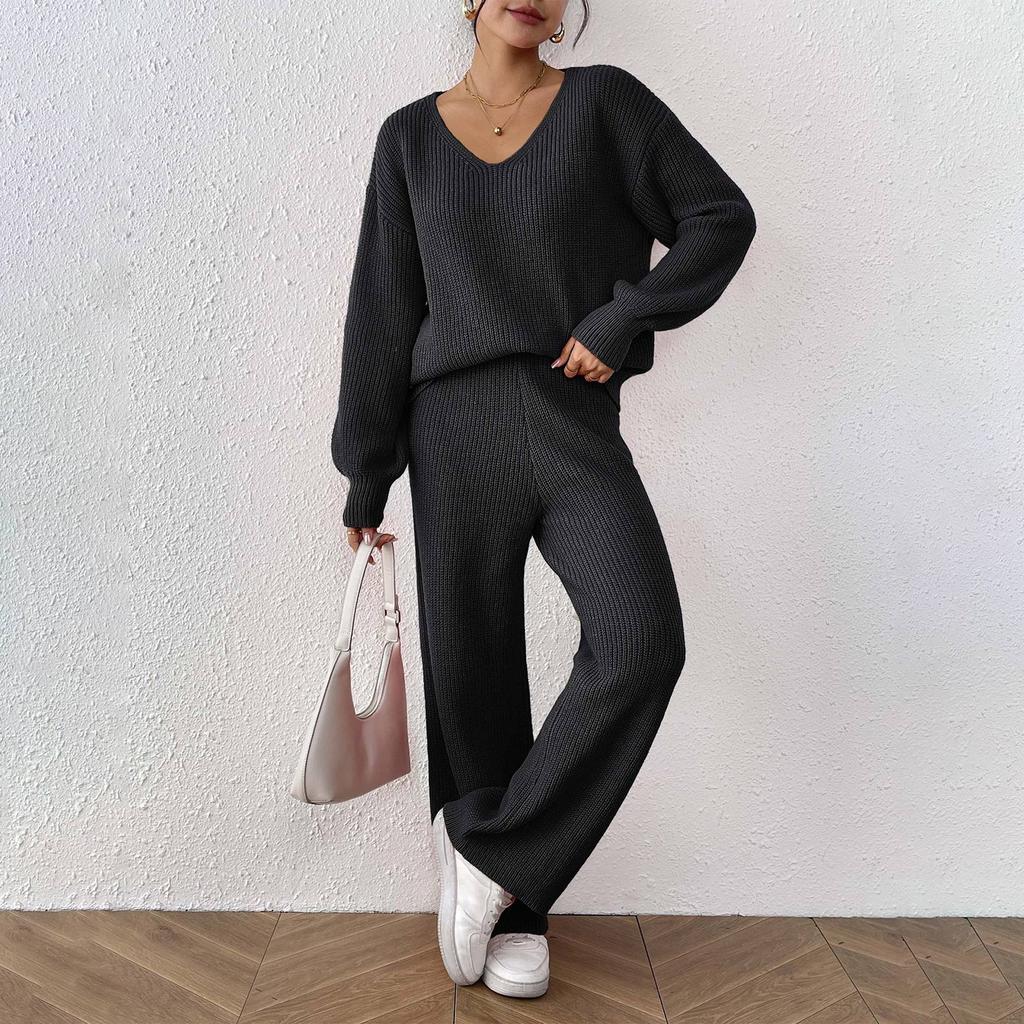 Women's Casual Fashion Woolen Knitting Set V-Neck Loose Top + Solid Color Wide Leg Straight Pants Sweater Two Piece Set