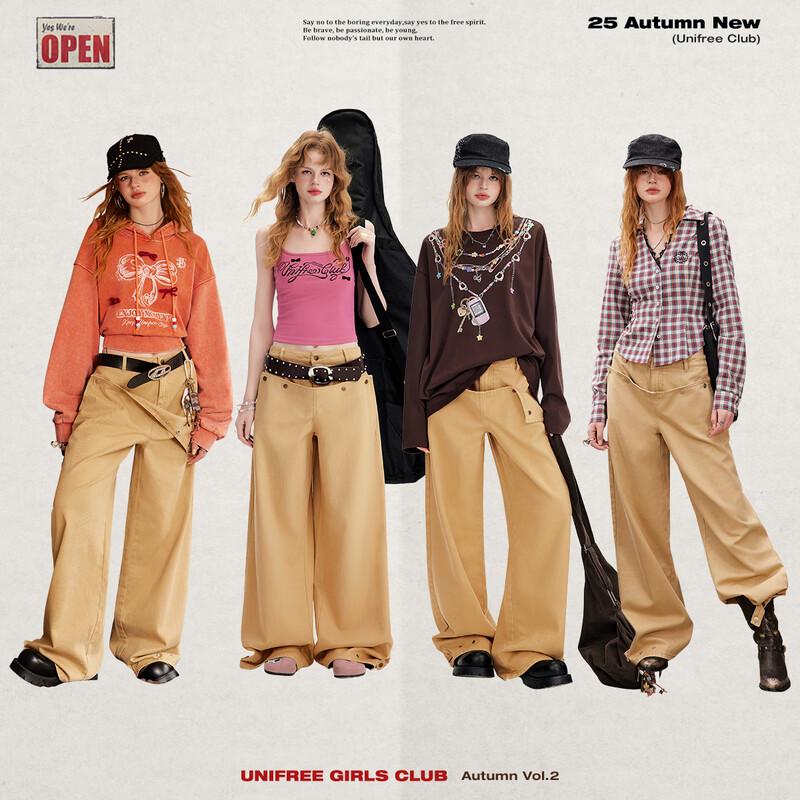 unifree American Style Loose Fit Wide Leg Casual Trousers