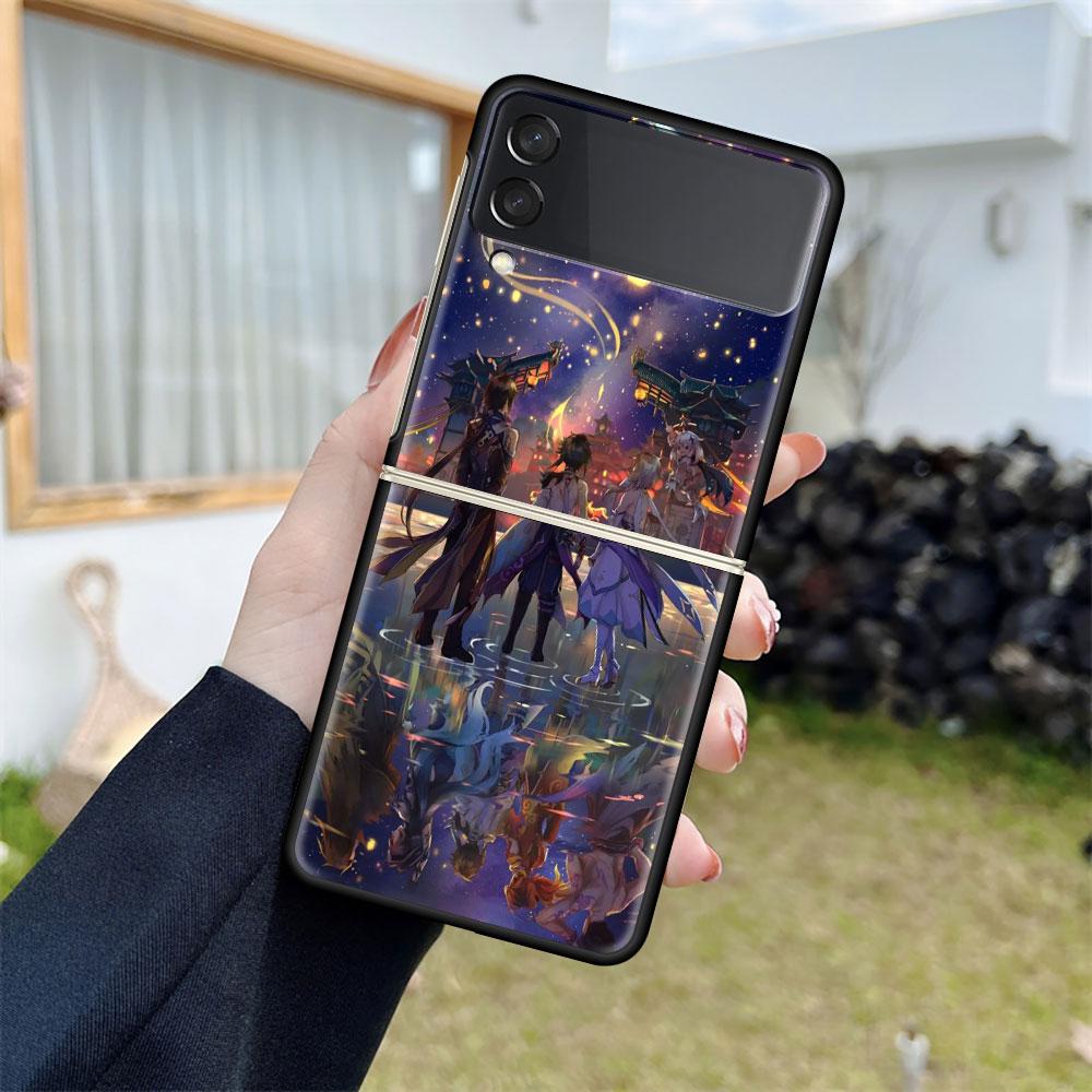 Роскошный чехол для Samsung Galaxy Z Flip 4 3 5G, черный ПК, жесткие чехлы для телефонов, модная задняя крышка ZFlip Funda Game Genshin Impact Shell
