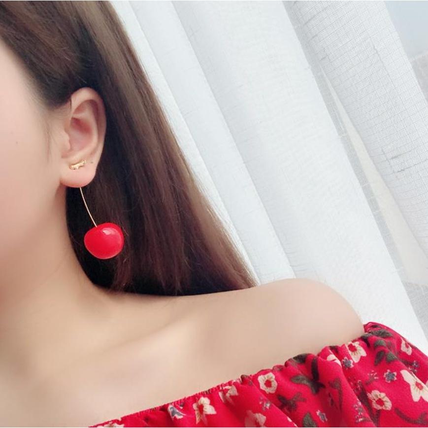 Cute Sweet Simulation Red Cherry Gold Color Fruit Stud Earrings for Women Girl Gift