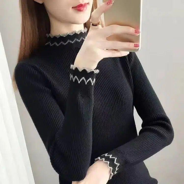 Осенне-зимняя кружевная цельная рубашка из бархата с полувысоким воротником. Модный и модный шерстяной свитер с толстой вязкой.