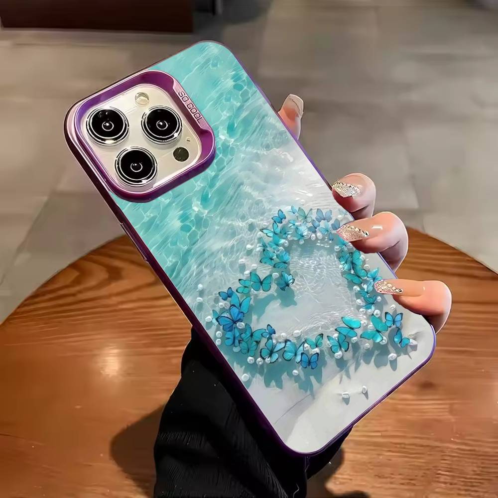 Sea Water Butterfly Ocean Turtle Phone Case For iPhone 17 16 15 14 13 12 11 Pro Max Plus Silver candy Matte Cover