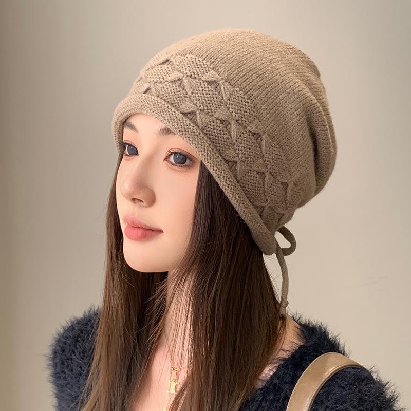 Rawstring Detail Stretchy Slouchy Beanie Hat, Unisex Solid Color Soft Adjustable Winter Knitted Skull Cap