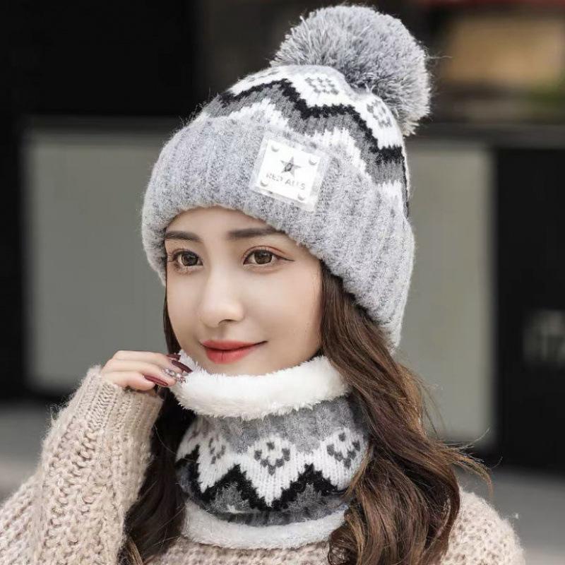 Thickened Fleece Knitted Hat Winter Cycling Cap Women's Outdoor Cold Proof Two-Piece Set Ear And Neck Protection Hat