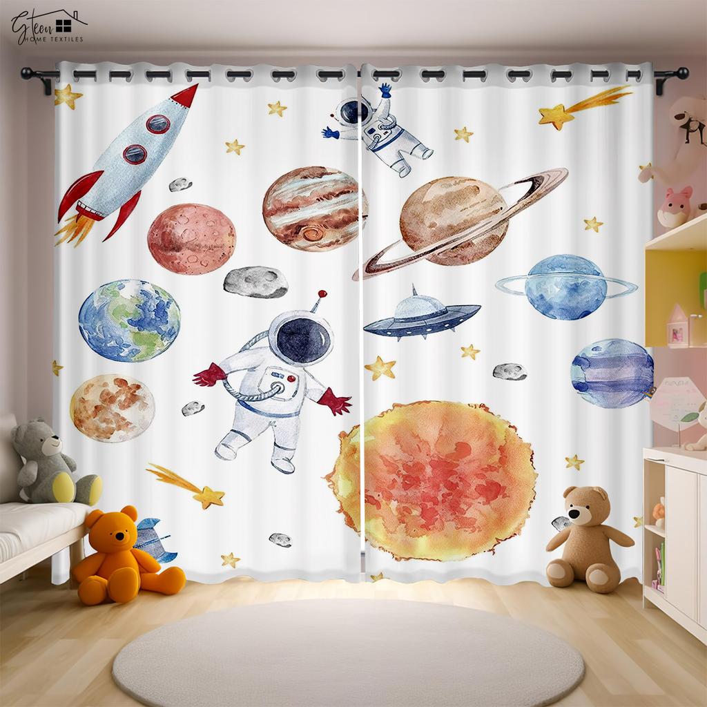 Аэрокосмический мультфильм 3D Печатные шторы Астронавт Космонавт Космический корабль Ракета Запуск Спальня Кабинет Детская комната Шторы 2 ШТ