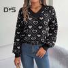 Women Sweater V-Neck Lantern Long Sleeve Ribbed Trim Pullover Jumper Heart Pattern Knit Tops Daily Wear
