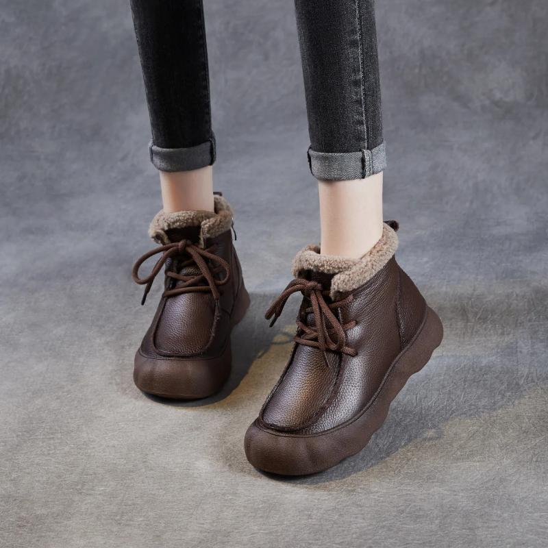 Johnature Retro Genuine Leather Plush Warm Women's Short Boots Soft Soled Round Toe Versatile Cotton Shoes