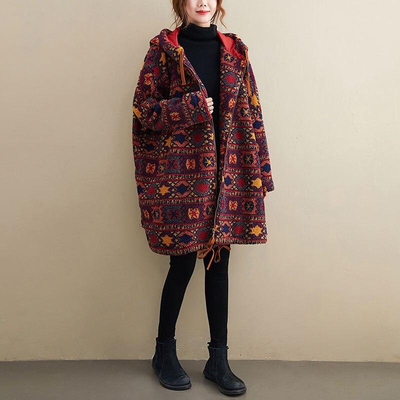 DIMANAF Женские пальто 2022 Большие размеры Зимние новые кашемировые куртки Пальто с рождественским узором и принтом Парка Дизайн Теплая флокированная верхняя одежда больших размеров