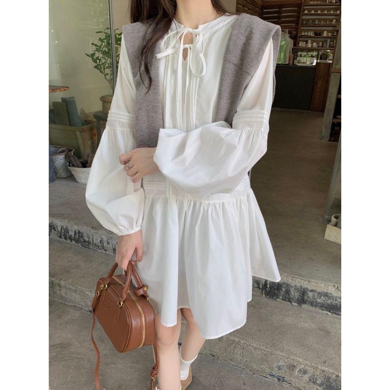 Kumikumi Gentle White Lace-up Lantern Sleeve Dress Women Autumn Chic Youthful-Looking Loose Slim Looking Short Skirt